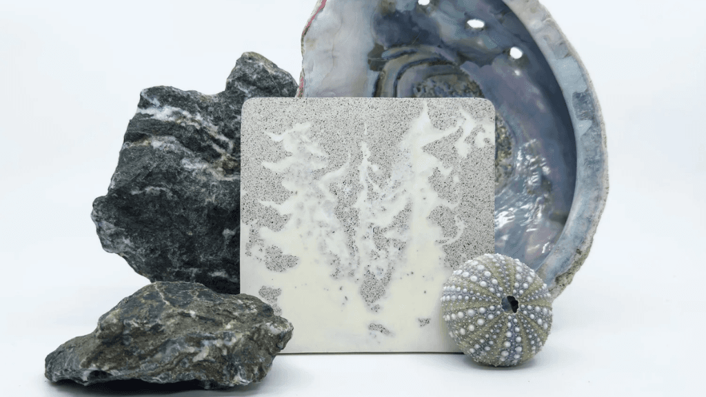 Urchinite™ is a biomarble engineered to support marine restoration and architectural design. Made from biocalcite, a naturally occurring marine mineral found in sea urchin shells, Urchinite is formed by integrating this mineral into a biobased binder, resulting in a durable, marble-like stone material sold as counter tops, wall tiles, furniture and other uses. (Photo credits: Primitives)